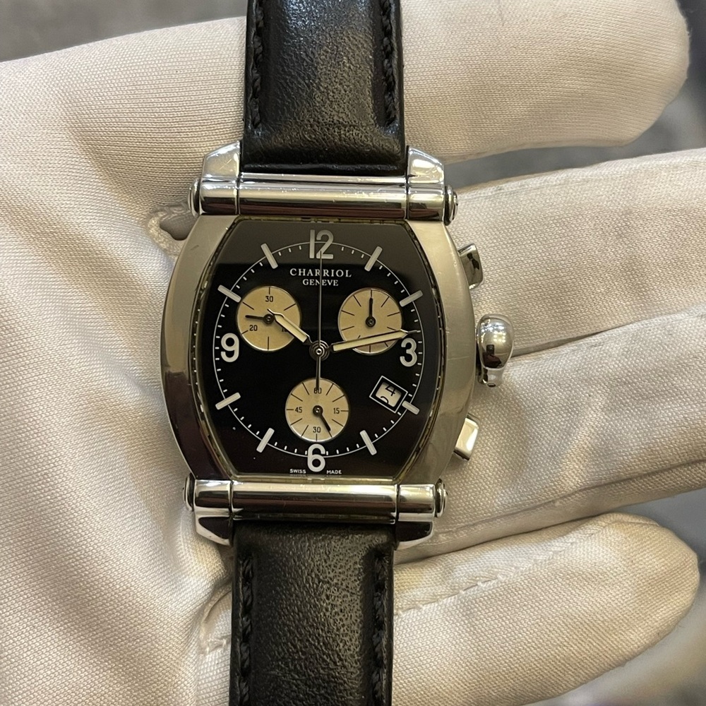 CHARRIOL COLYMBYS® Chrono Black Leather Stainless Steel Quartz Men's Watch 060T - Picture 5 of 16